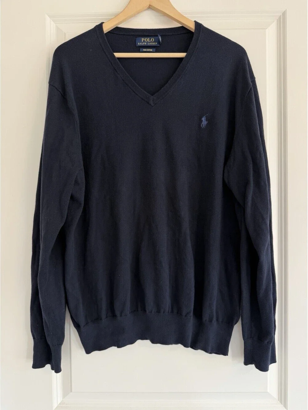 Polo Ralph Lauren Navy V-Neck Sweater Size L Pima Cotton Classic Preppy Timeless